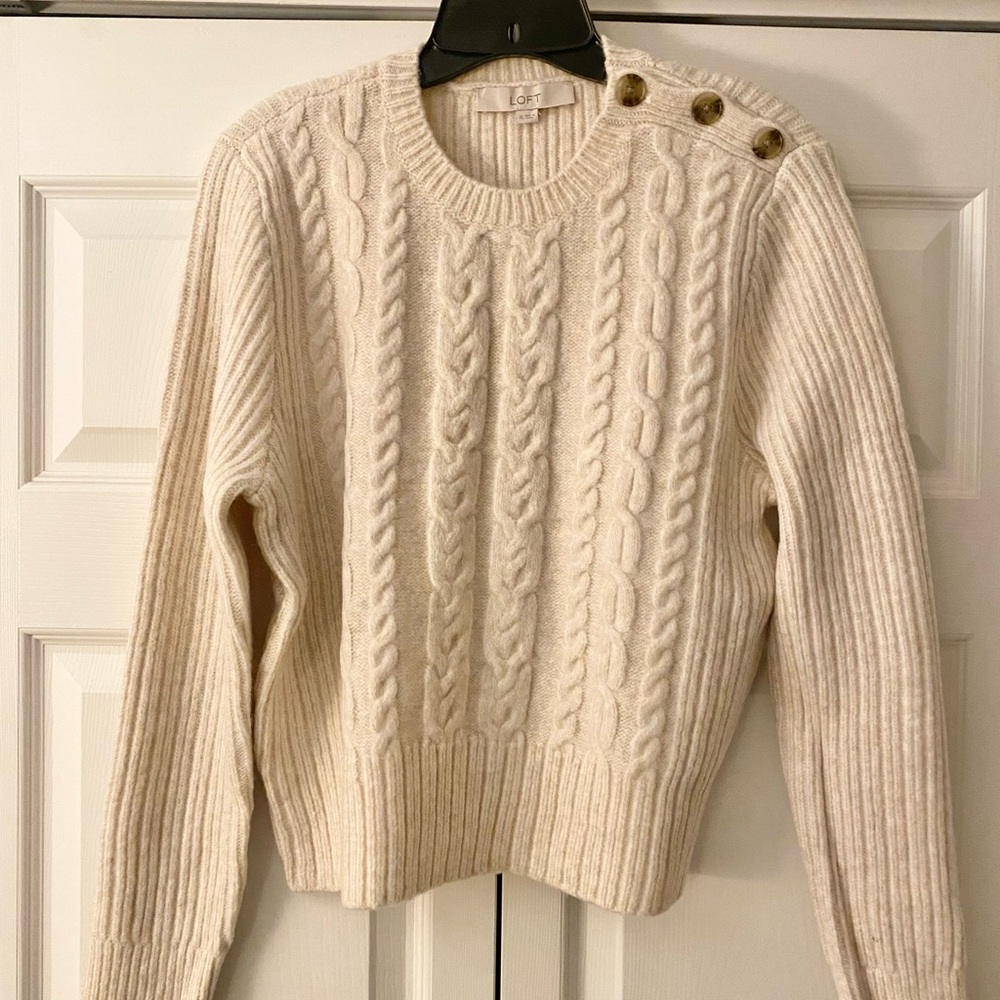 LOFT Cream Cable-Knit Crewneck Sweater with Shoulder Buttons